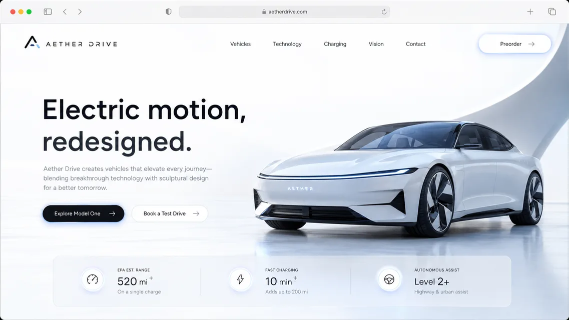 Aether Drive, electric car website concept