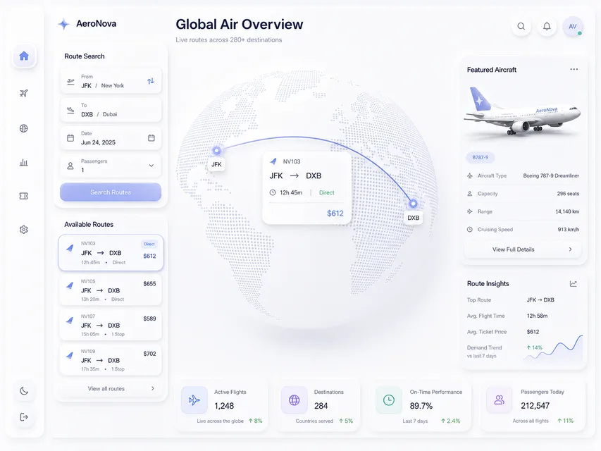 AeroNova, flight booking dashboard concept
