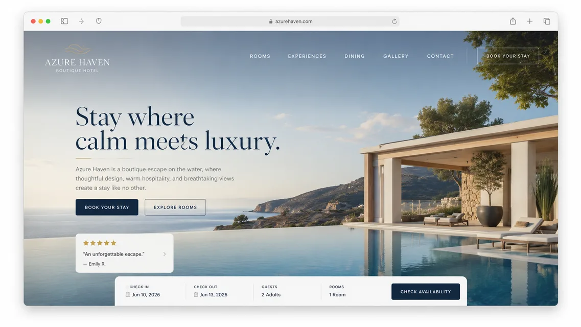 Azure Haven, boutique hotel website concept